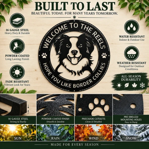 Custom Border Collie metal sign with personalized dog name and breed silhouette, unique dog wall art and pet decor gift for Border Collie owners and lovers.