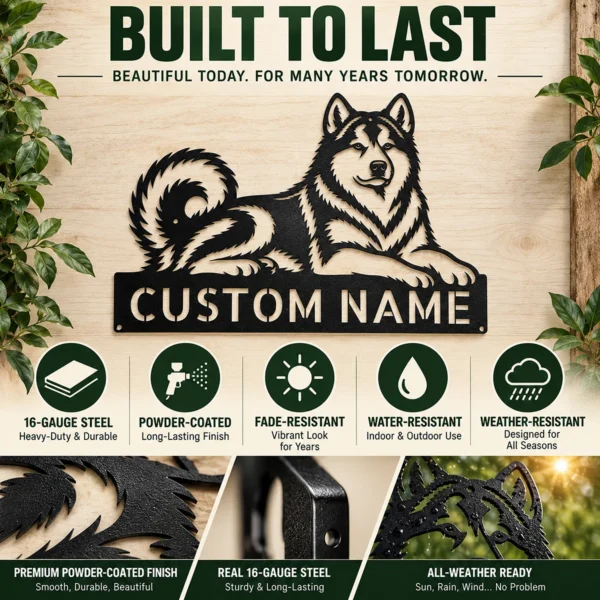 Custom Alaskan Malamute Metal Sign Personalized Dog Wall Art Decor Gift Custom Alaskan Malamute metal sign with personalized dog name and breed silhouette, unique dog wall art and pet decor gift for Malamute owners and lovers.