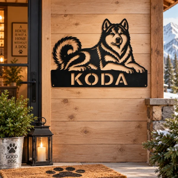 Custom Alaskan Malamute Metal Sign Personalized Dog Wall Art Decor Gift Custom Alaskan Malamute metal sign with personalized dog name and breed silhouette, unique dog wall art and pet decor gift for Malamute owners and lovers.