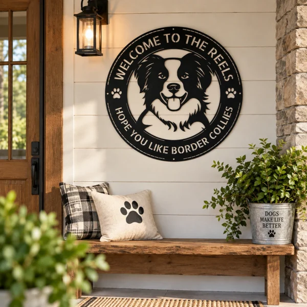 Custom Border Collie metal sign with personalized dog name and breed silhouette, unique dog wall art and pet decor gift for Border Collie owners and lovers.