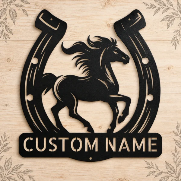 Custom Horse Horseshoe Metal Sign Personalized Ranch Equestrian Wall Decor Custom horse horseshoe metal sign with personalized ranch or stable name, equestrian wall decor for horse lovers, riders, barns, ranches and tack rooms.