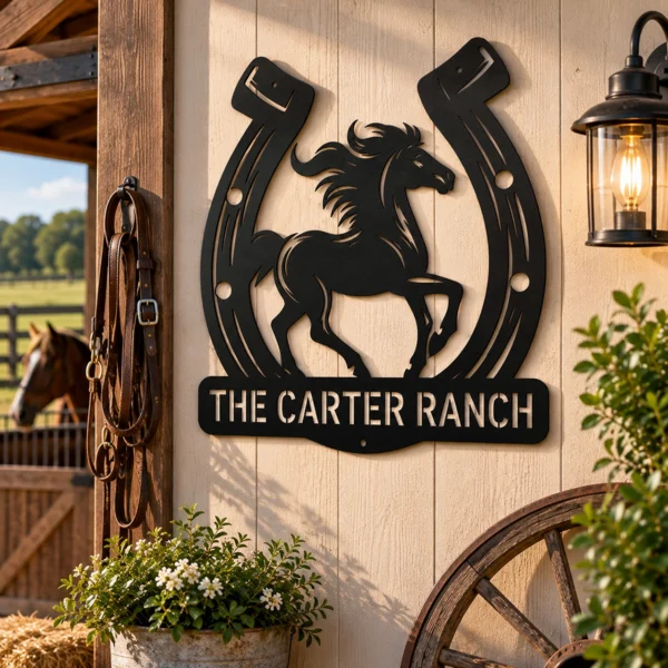 Custom Horse Horseshoe Metal Sign Personalized Ranch Equestrian Wall Decor Custom horse horseshoe metal sign with personalized ranch or stable name, equestrian wall decor for horse lovers, riders, barns, ranches and tack rooms.