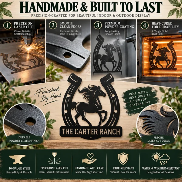 Custom Horse Horseshoe Metal Sign Personalized Ranch Equestrian Wall Decor Custom horse horseshoe metal sign with personalized ranch or stable name, equestrian wall decor for horse lovers, riders, barns, ranches and tack rooms.