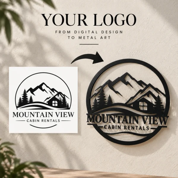 Personalized business logo metal sign with custom company name, text and design, metal wall art for offices, storefronts, shops and business decor.