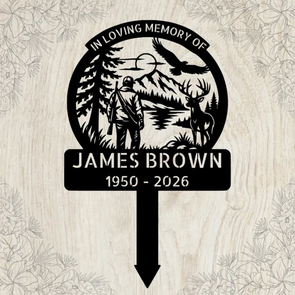 Personalized Hunter Memorial Metal Stake Deer Hunting Sympathy Plaque Sign Personalized hunter memorial metal stake with deer hunting design, custom name and dates, sympathy grave plaque and outdoor remembrance sign for a loved one.