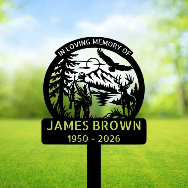 Personalized Hunter Memorial Metal Stake Deer Hunting Sympathy Plaque Sign Personalized hunter memorial metal stake with deer hunting design, custom name and dates, sympathy grave plaque and outdoor remembrance sign for a loved one.