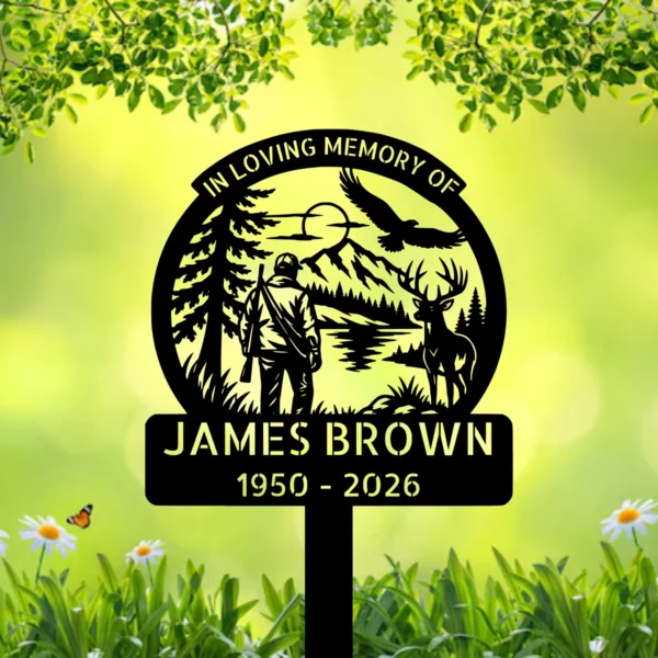 Personalized Hunter Memorial Metal Stake Deer Hunting Sympathy Plaque Sign Personalized hunter memorial metal stake with deer hunting design, custom name and dates, sympathy grave plaque and outdoor remembrance sign for a loved one.