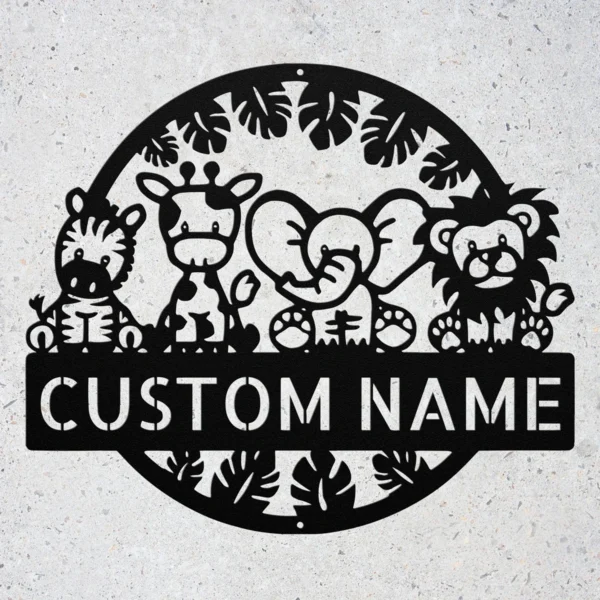 Custom Safari Animals Metal Sign Personalized Jungle Nursery Wall Art Decor Custom safari animals metal sign with personalized name, jungle nursery wall art and decor, perfect for baby rooms, children’s bedrooms, playrooms and gifts.