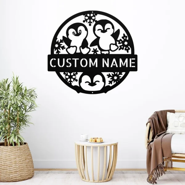 Custom Happy Penguins Metal Sign Personalized Penguin Wall Art Decor Gift Custom happy penguins metal sign with personalized name, playful penguin wall art and decor, perfect for children’s rooms, animal lovers and unique gifts.