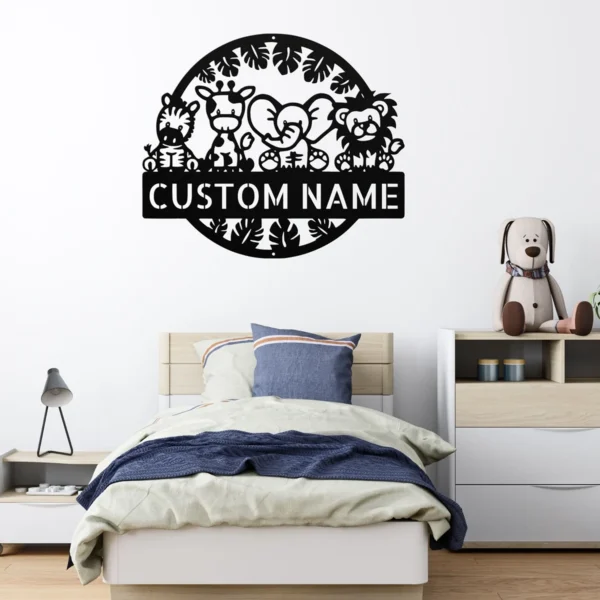 Custom Safari Animals Metal Sign Personalized Jungle Nursery Wall Art Decor Custom safari animals metal sign with personalized name, jungle nursery wall art and decor, perfect for baby rooms, children’s bedrooms, playrooms and gifts.