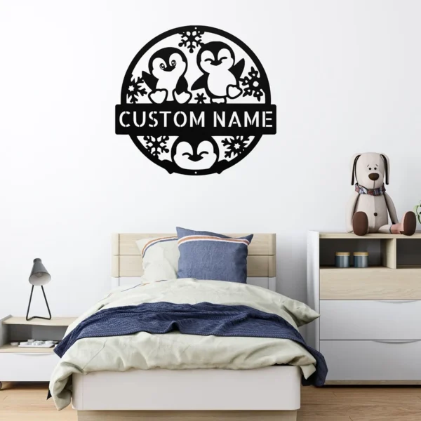 Custom Happy Penguins Metal Sign Personalized Penguin Wall Art Decor Gift Custom happy penguins metal sign with personalized name, playful penguin wall art and decor, perfect for children’s rooms, animal lovers and unique gifts.
