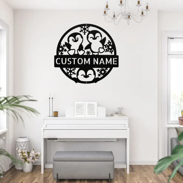 Custom Happy Penguins Metal Sign Personalized Penguin Wall Art Decor Gift Custom happy penguins metal sign with personalized name, playful penguin wall art and decor, perfect for children’s rooms, animal lovers and unique gifts.