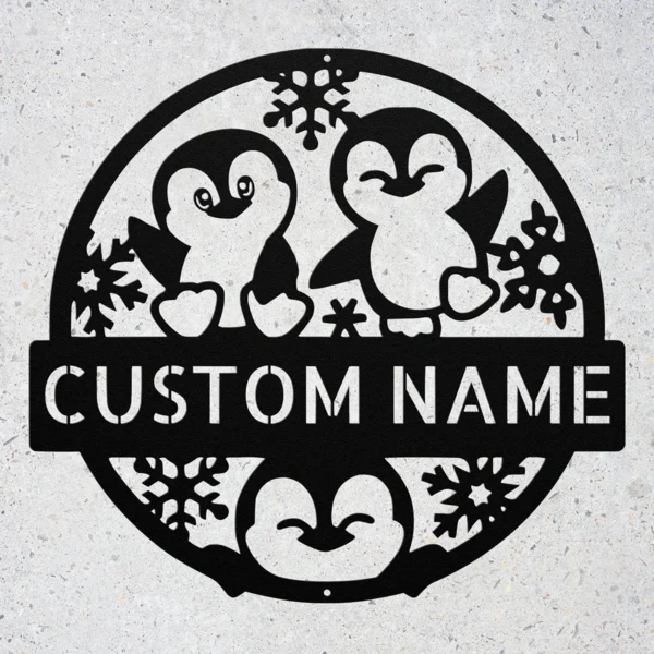 Custom Happy Penguins Metal Sign Personalized Penguin Wall Art Decor Gift Custom happy penguins metal sign with personalized name, playful penguin wall art and decor, perfect for children’s rooms, animal lovers and unique gifts.