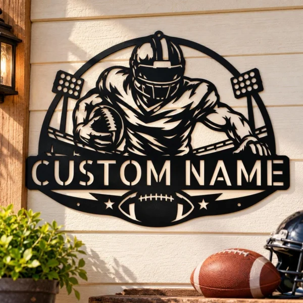 Custom American Football Metal Sign Personalized Player Wall Art Decor Custom American football metal sign personalized with player name and jersey number, sports wall art decor for bedrooms, locker rooms and football fans.