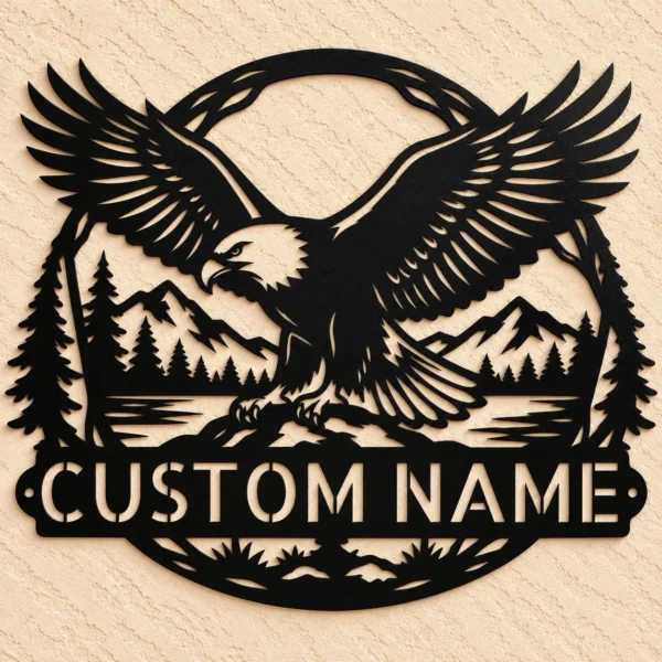 Custom Bald Eagle Metal Sign Personalized Mountain Wildlife Wall Decor Custom bald eagle metal sign featuring a mountain wildlife design and custom text, ideal for cabin wall decor, rustic homes, offices, and nature lovers.