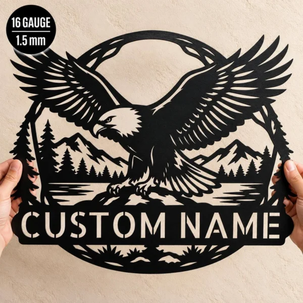 Custom Bald Eagle Metal Sign Personalized Mountain Wildlife Wall Decor Custom bald eagle metal sign featuring a mountain wildlife design and custom text, ideal for cabin wall decor, rustic homes, offices, and nature lovers.