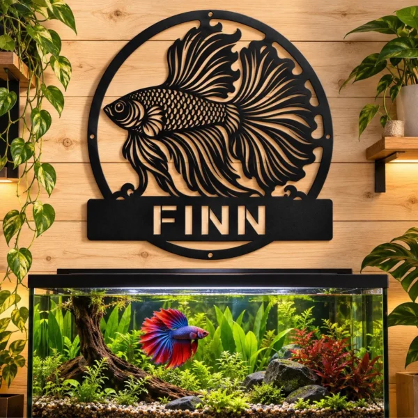 Custom Betta Fish Metal Sign Personalized Aquarium Tank Wall Decor Custom Betta fish metal sign personalized with fish name, detailed tropical fish wall art for aquarium tank displays, fish rooms and Betta fish lover gifts.