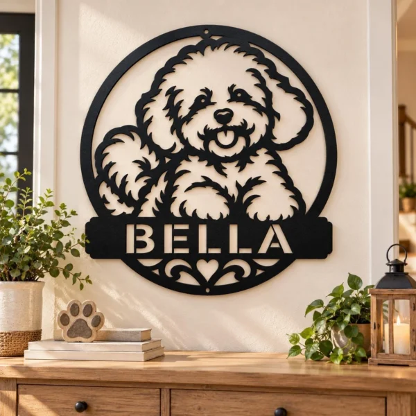 Custom Bichon Frise Metal Sign Personalized Dog Name Wall Decor Custom Bichon Frise metal sign personalized with dog name, adorable dog silhouette wall decor for Bichon lovers, pet owners, bedrooms and living rooms.