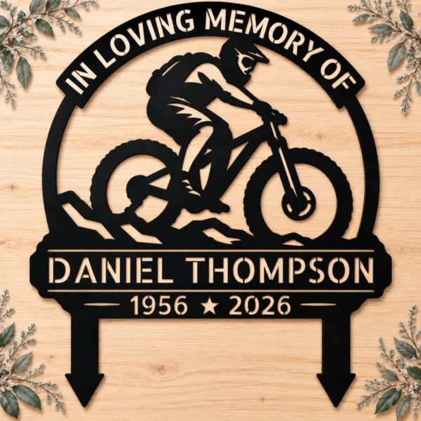 Custom Bicycle Memorial Metal Stake Sign Personalized Cyclist Grave Marker Custom bicycle memorial metal stake sign personalized with name and dates, cyclist cemetery grave marker for garden remembrance and pet-free sympathy tributes.