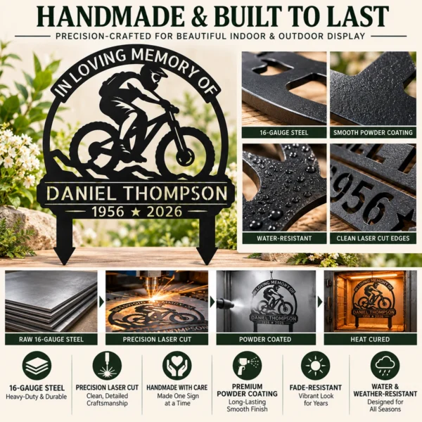 Custom Bicycle Memorial Metal Stake Sign Personalized Cyclist Grave Marker Custom bicycle memorial metal stake sign personalized with name and dates, cyclist cemetery grave marker for garden remembrance and pet-free sympathy tributes.