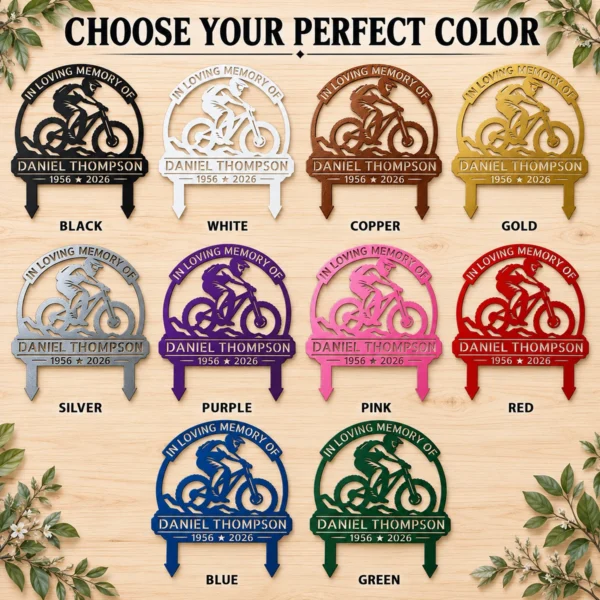 Custom Bicycle Memorial Metal Stake Sign Personalized Cyclist Grave Marker Custom bicycle memorial metal stake sign personalized with name and dates, cyclist cemetery grave marker for garden remembrance and pet-free sympathy tributes.