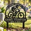 Custom Bicycle Memorial Metal Stake Sign Personalized Cyclist Grave Marker Custom bicycle memorial metal stake sign personalized with name and dates, cyclist cemetery grave marker for garden remembrance and pet-free sympathy tributes.