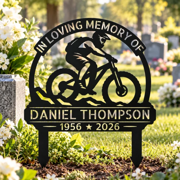 Custom Bicycle Memorial Metal Stake Sign Personalized Cyclist Grave Marker Custom bicycle memorial metal stake sign personalized with name and dates, cyclist cemetery grave marker for garden remembrance and pet-free sympathy tributes.