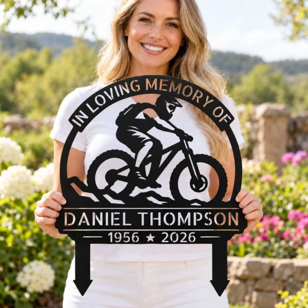 Custom Bicycle Memorial Metal Stake Sign Personalized Cyclist Grave Marker Custom bicycle memorial metal stake sign personalized with name and dates, cyclist cemetery grave marker for garden remembrance and pet-free sympathy tributes.