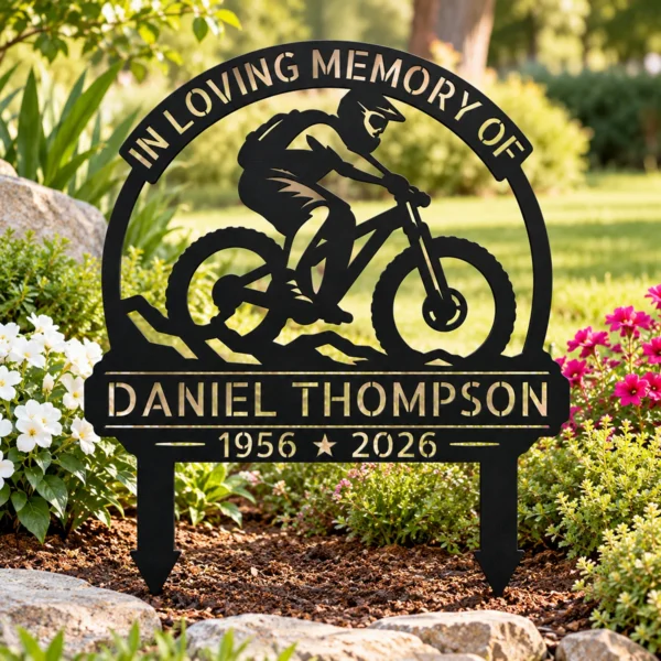 Custom Bicycle Memorial Metal Stake Sign Personalized Cyclist Grave Marker Custom bicycle memorial metal stake sign personalized with name and dates, cyclist cemetery grave marker for garden remembrance and pet-free sympathy tributes.