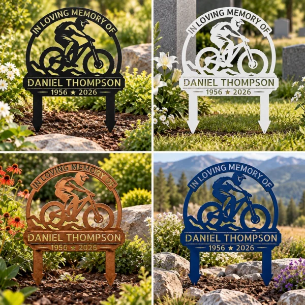 Custom Bicycle Memorial Metal Stake Sign Personalized Cyclist Grave Marker Custom bicycle memorial metal stake sign personalized with name and dates, cyclist cemetery grave marker for garden remembrance and pet-free sympathy tributes.