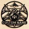 Custom Billiard Metal Sign Personalized Pool Hall Game Room Wall Decor Custom billiard metal sign personalized with player or pool hall name, billiard balls and pool cues wall decor for game rooms, man caves and pool halls.