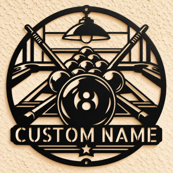 Custom Billiard Metal Sign Personalized Pool Hall Game Room Wall Decor Custom billiard metal sign personalized with player or pool hall name, billiard balls and pool cues wall decor for game rooms, man caves and pool halls.