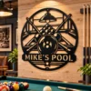 Custom Billiard Metal Sign Personalized Pool Hall Game Room Wall Decor Custom billiard metal sign personalized with player or pool hall name, billiard balls and pool cues wall decor for game rooms, man caves and pool halls.