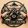 Custom Billiard Metal Sign Personalized Pool Hall Game Room Wall Decor Custom billiard metal sign personalized with player or pool hall name, billiard balls and pool cues wall decor for game rooms, man caves and pool halls.