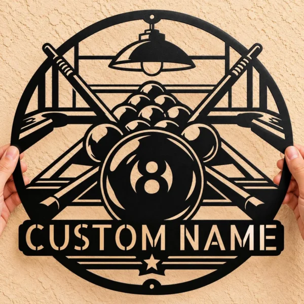 Custom Billiard Metal Sign Personalized Pool Hall Game Room Wall Decor Custom billiard metal sign personalized with player or pool hall name, billiard balls and pool cues wall decor for game rooms, man caves and pool halls.