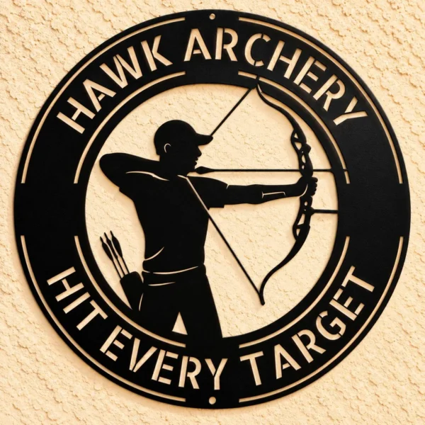 Custom bow hunting metal sign in 16 gauge steel with personalized archer name for hunter wall decor, hunting cabin, lodge, garage and gift art.