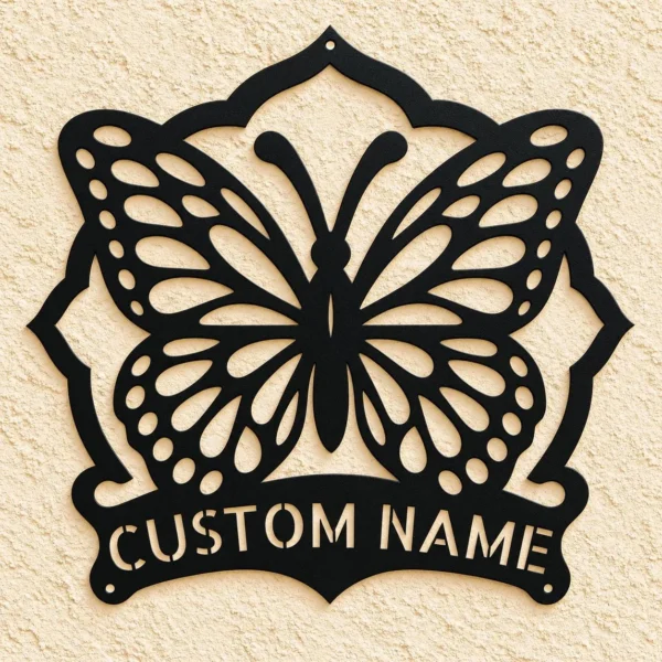 Custom Butterfly Metal Sign Personalized Garden Floral Wall Decor Custom butterfly metal sign personalized with a name, featuring elegant butterfly wall art for garden decor, floral spaces, patios, and nature lovers.