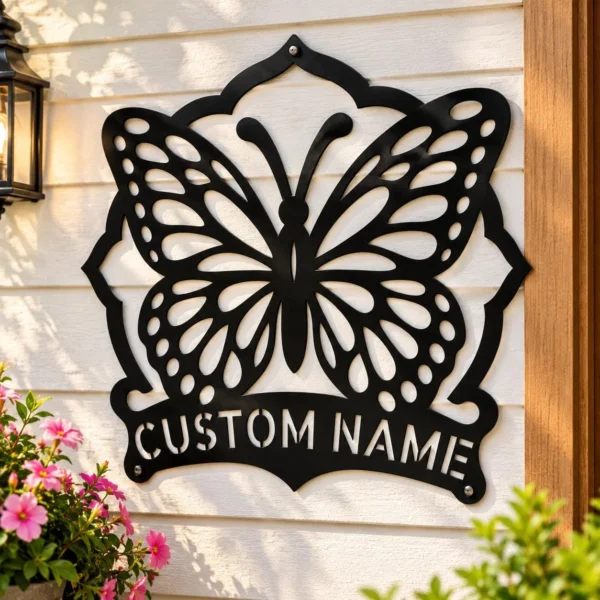 Custom Butterfly Metal Sign Personalized Garden Floral Wall Decor Custom butterfly metal sign personalized with a name, featuring elegant butterfly wall art for garden decor, floral spaces, patios, and nature lovers.