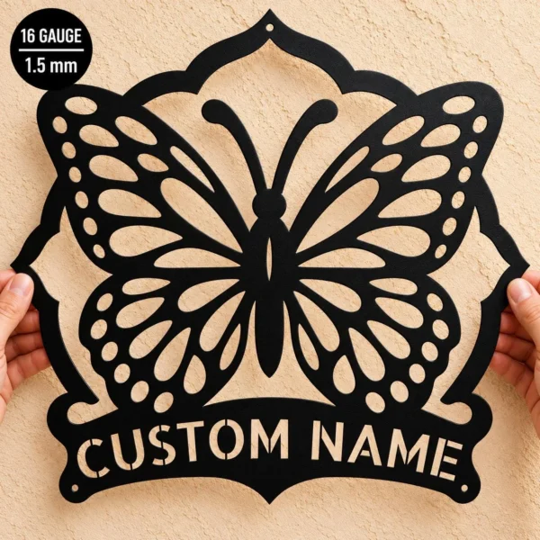 Custom Butterfly Metal Sign Personalized Garden Floral Wall Decor Custom butterfly metal sign personalized with a name, featuring elegant butterfly wall art for garden decor, floral spaces, patios, and nature lovers.