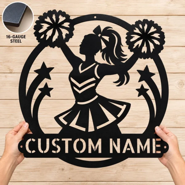 Custom cheerleader metal sign in 16 gauge steel with personalized name for cheer team wall decor, cheerleader bedroom, gym, studio and gift art.