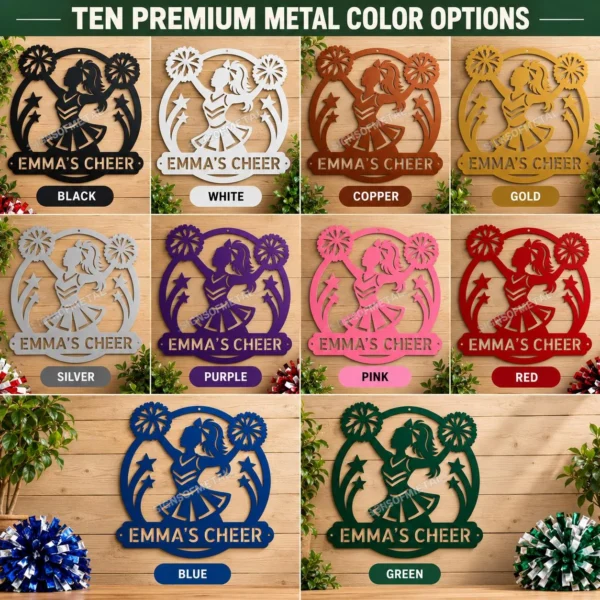 Custom Cheerleader Metal Sign Personalized Name Cheer Team Wall Art Decor Gift Custom cheerleader metal sign in 16 gauge steel with personalized name for cheer team wall decor, cheerleader bedroom, gym, studio and gift art.