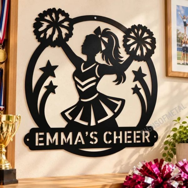 Custom Cheerleader Metal Sign Personalized Name Cheer Team Wall Art Decor Gift Custom cheerleader metal sign in 16 gauge steel with personalized name for cheer team wall decor, cheerleader bedroom, gym, studio and gift art.