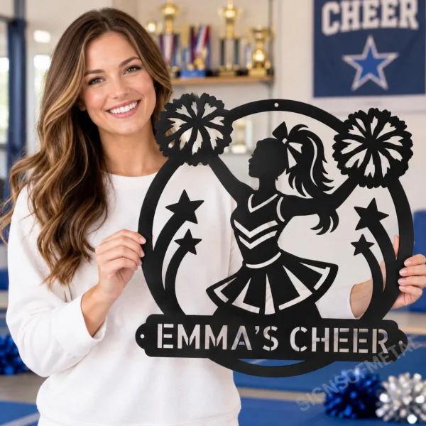 Custom Cheerleader Metal Sign Personalized Name Cheer Team Wall Art Decor Gift Custom cheerleader metal sign in 16 gauge steel with personalized name for cheer team wall decor, cheerleader bedroom, gym, studio and gift art.