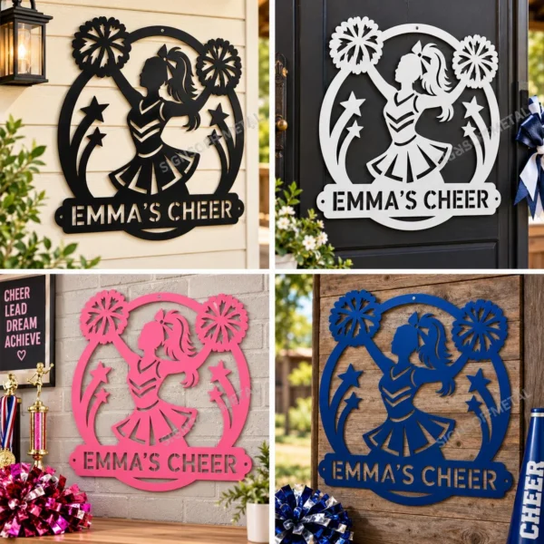 Custom Cheerleader Metal Sign Personalized Name Cheer Team Wall Art Decor Gift Custom cheerleader metal sign in 16 gauge steel with personalized name for cheer team wall decor, cheerleader bedroom, gym, studio and gift art.