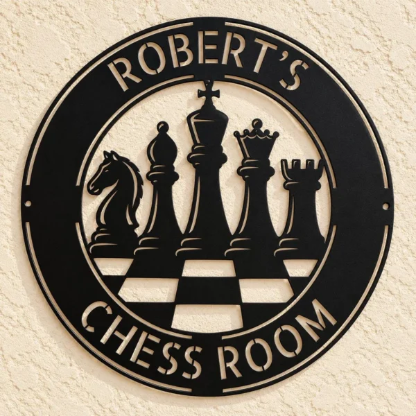 Custom chess metal sign featuring a king and queen design with custom name options, ideal for game rooms, home offices, chess clubs, and chess lovers.