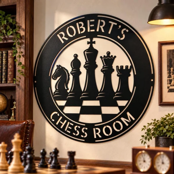 Custom Chess Metal Sign Personalized Game Room King Queen Wall Decor Custom chess metal sign featuring a king and queen design with custom name options, ideal for game rooms, home offices, chess clubs, and chess lovers.