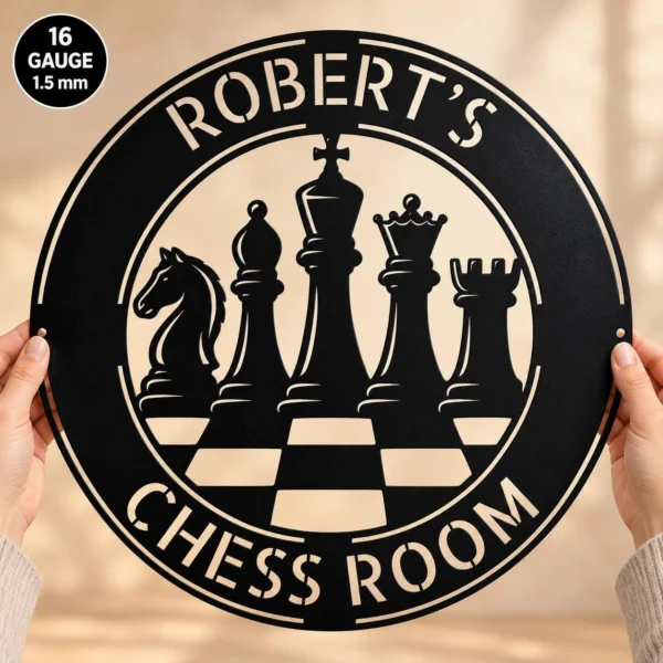 Custom Chess Metal Sign Personalized Game Room King Queen Wall Decor Custom chess metal sign featuring a king and queen design with custom name options, ideal for game rooms, home offices, chess clubs, and chess lovers.
