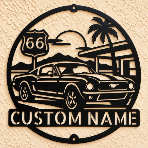 Custom classic Mustang metal sign personalized with owner or garage name, vintage American muscle car wall decor for garages, workshops and car enthusiasts.