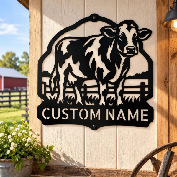 Custom Cow Metal Sign Personalized Farmhouse Cattle Kitchen Wall Decor Custom cow metal sign personalized with a family or farm name, featuring cattle-inspired wall art for farmhouse kitchens, barns, ranches, and country homes.