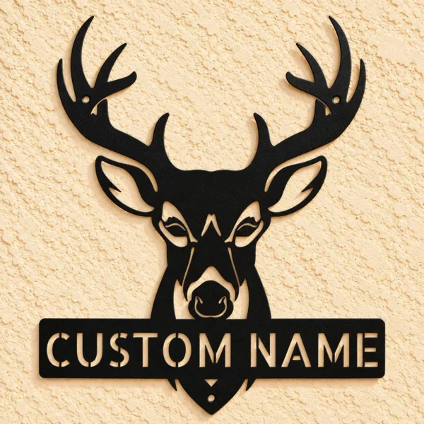 Custom Deer Buck Antlers Metal Sign Personalized Hunting Cabin Decor Custom deer buck antlers metal sign personalized with a name, featuring laser-cut hunting wall art for rustic cabins, lodges, garages, and man caves.